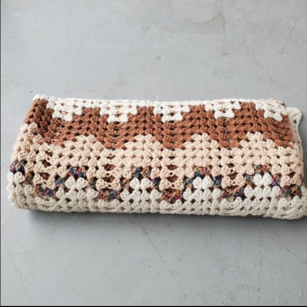Vintage 60s White, Brown and Beige Retro Throw Blanket with Zig Zag Pattern